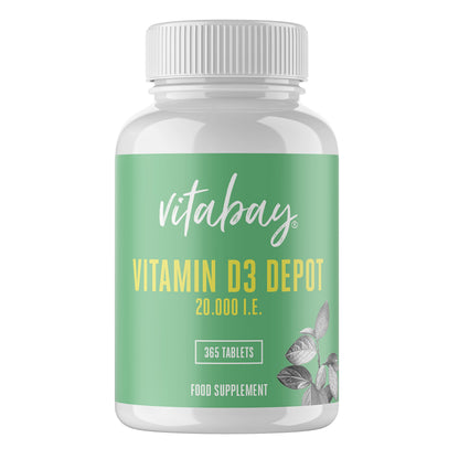 Vitabay Vitamin D3 20,000 IU - 365 high Dosage and time-Released Vitamin D Tablets - Vegan and Laboratory Tested