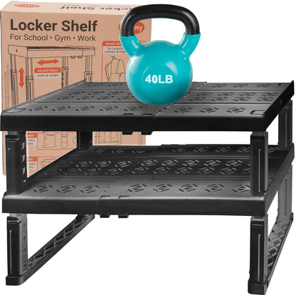 Piffny Adjustable Locker/Cabinet Organizer Shelf, 2 Pack, Adjustable Width and Height, Ideal for School, Office, and Gym Lockers (New Version) (Black)