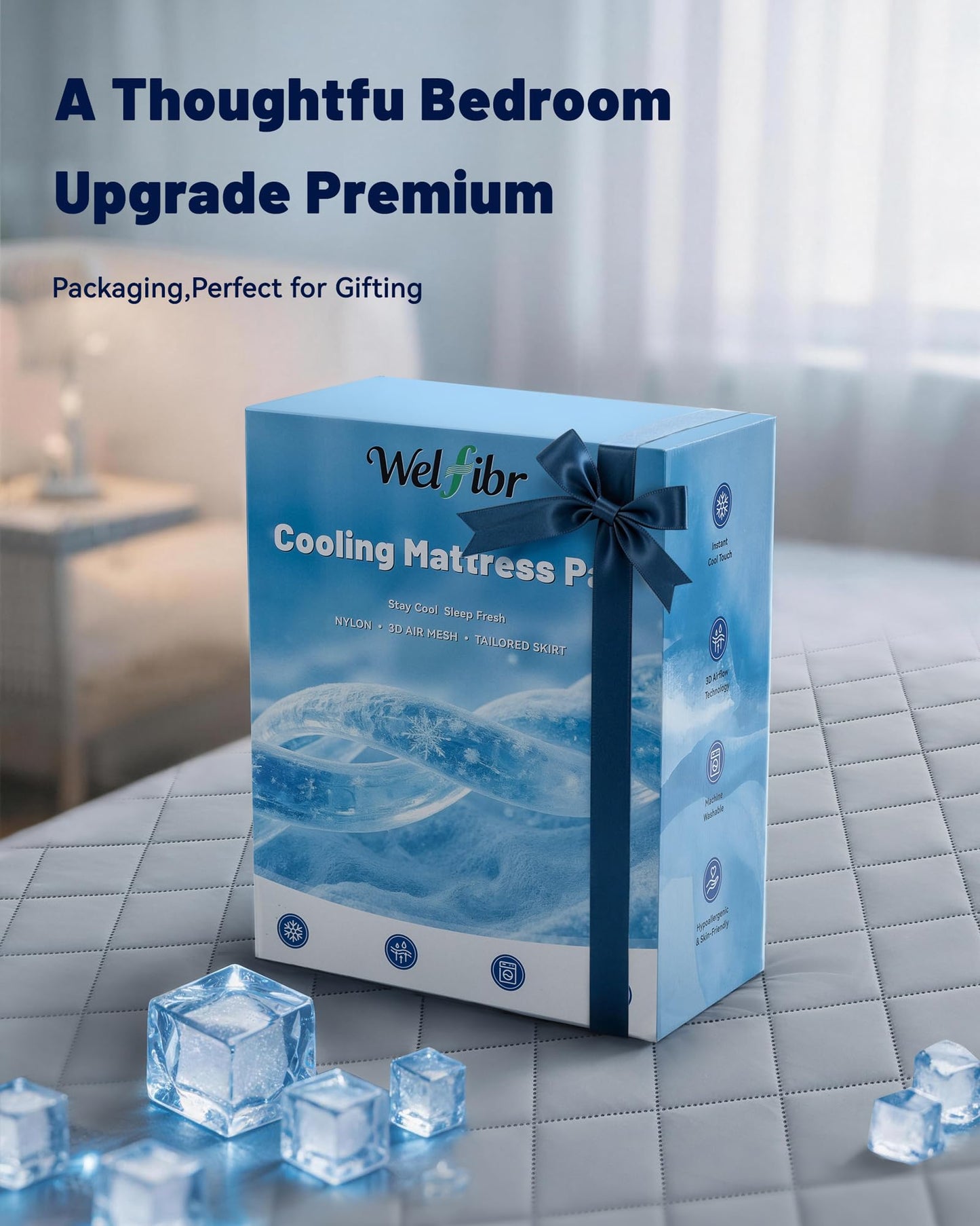 Welfibr Cooling Mattress Pad for Hot Sleepers Noiseless Mattress Protector Bed Cooling Pad 3X Breathable Mattress Topper Q-Max 0.45 Cool Touch, 3D Mesh Deep Pocket Bed Cooling Cover Grey Full