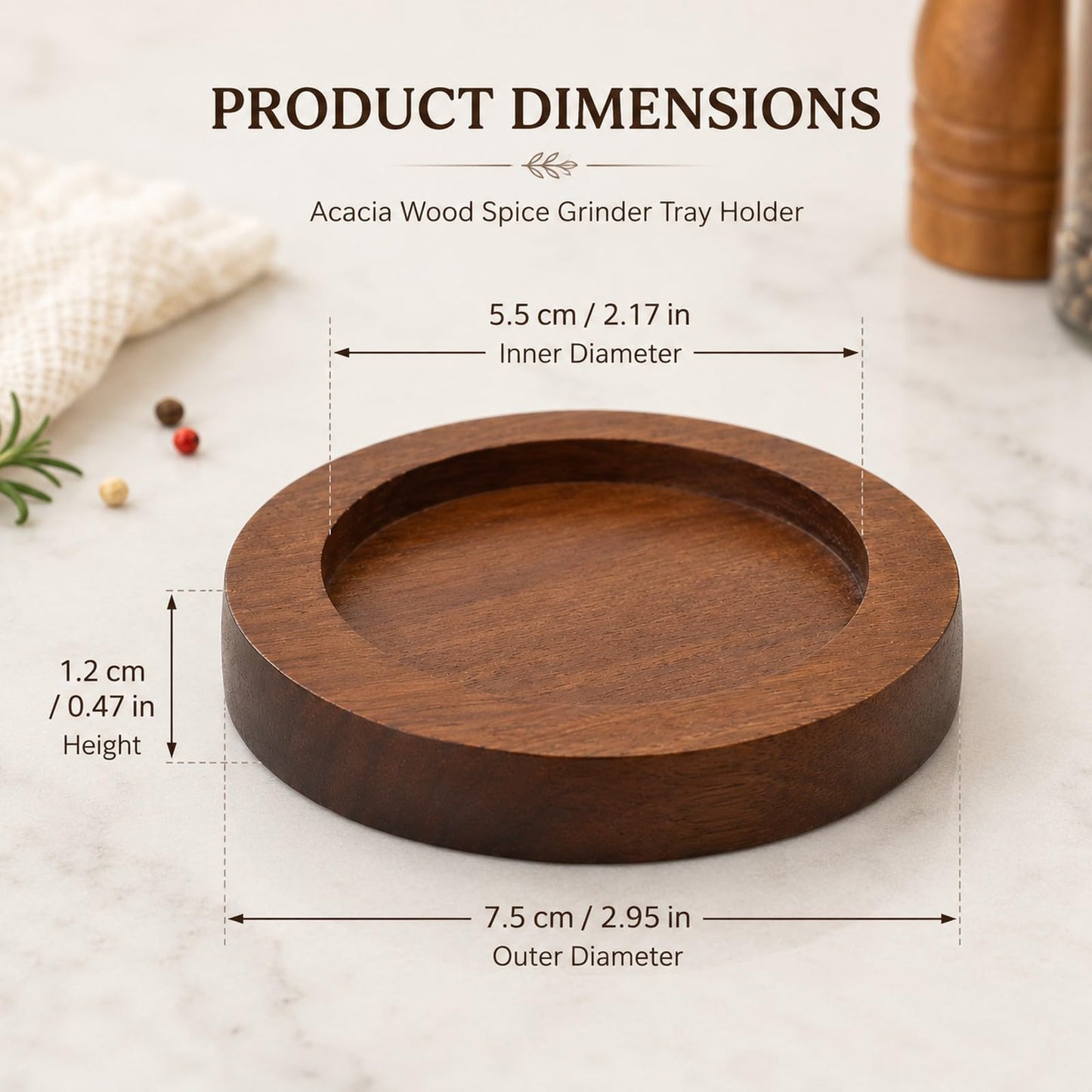 LOGOFUN Acacia Wood Spice Grinder Tray with Round Base Manual Salt Pepper Mill Holder for Kitchen Bottle Storage Home Supplies - 7.5X7.5X1.2cm/2.95X2.95X0.5in