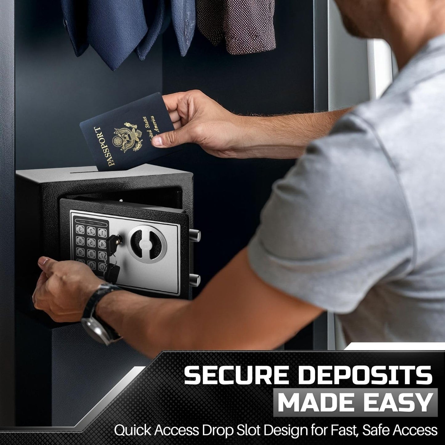Flexzion Electronic Drop Safe Box with Digital Combination Lock - Cash Safe for Cabinets, Home & Office Security (9"x7"x7"), Black