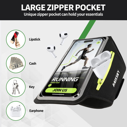 Kebrela Running Armband with Earphone Bag for iPhone 16/15/14 Max/Pro/Plus & Galaxy S20/S10, Touchscreen Compatible, Phone Holder for Running with Card Slot & Key Pockets, Fit Up to 6.9 Phone