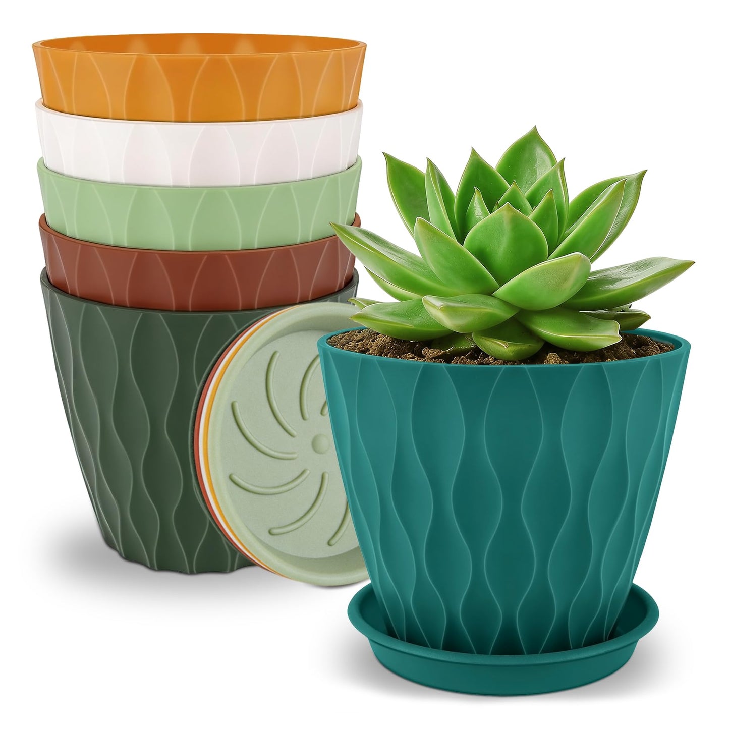 YNNICO 4 inch Plant Pots, 6 Pack Flower Pots Outdoor Indoor, Planters with Drainage Holes and Tray Saucers-Multicolor