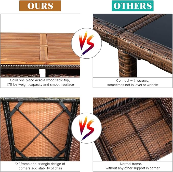 Tangkula 9 Pieces Acacia Wood Patio Dining Set, Space Saving Wicker Chairs and
