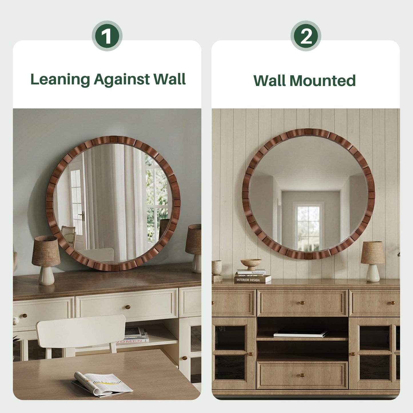 MYOTA Round Wood Wall Mirror - 31.5" Farmhouse Rustic Wall Decorative Mirrors, Wooden Circle Boho Accent Mirror for Living Room, Bedroom, Bathroom, Entryway, Hallway, Fireplace (Walnut)
