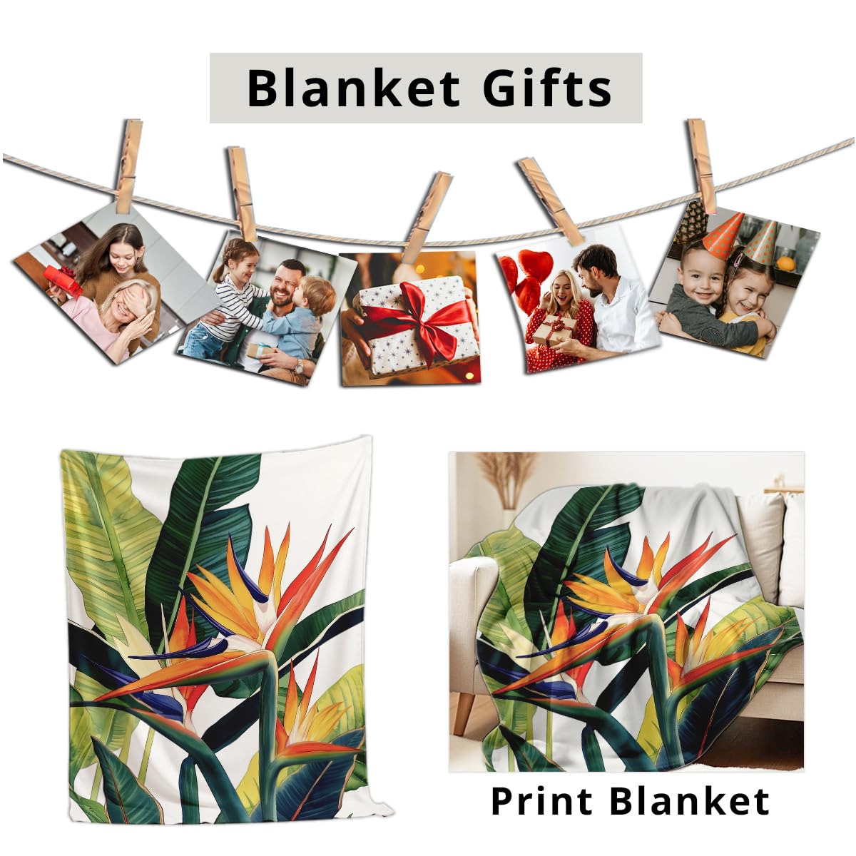 HUNXIAOJ Paradise Throw Blanket Birds Tropical Flowers Print Throw Floral Flannel Blanket for Sofa Bed Couch Office Home Decor Nature Botanical Lovers Gifts (59"x78")