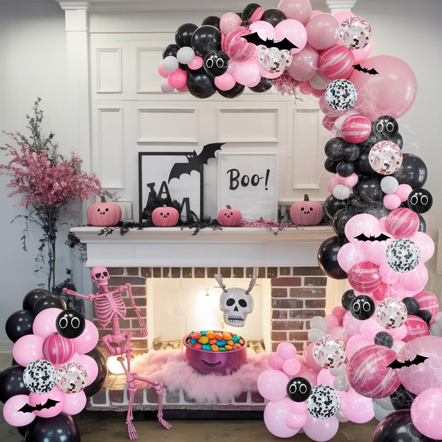 Halloween Balloon Arch Kit 98Pcs Pink and Black Balloon Garland with Ghost Eye Pink Agate Balloons 3D Bat Spider Cobweb for Trick or Treat Day of the Dead Spooky Boo Haunted House Party Decorations