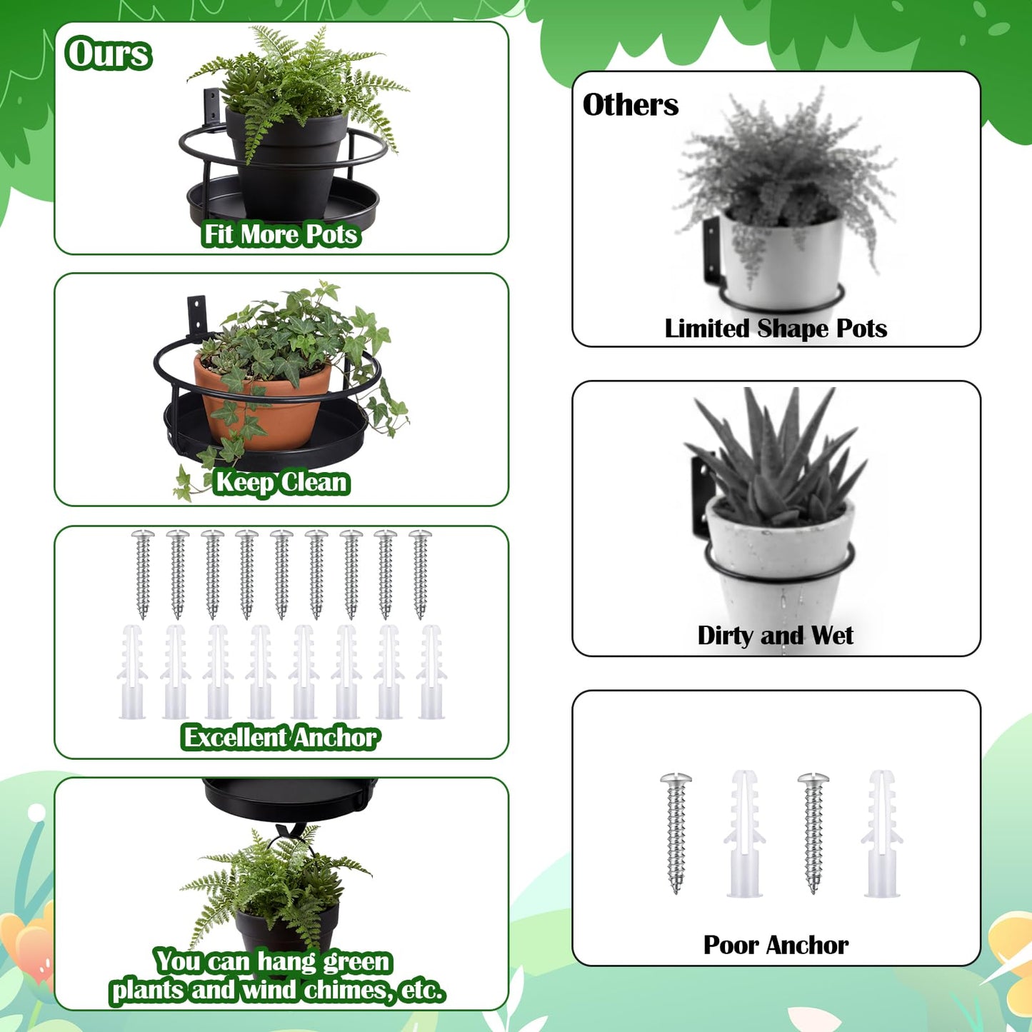 Lounsweer 2 Pack Wall Plant Holder with Hooks Metal Flower Pot Wall Hanging Shelf Black Indoor Outdoor Decor 7 Inch Floating Shelf Planter Hanger Bird Feeder Tray for Bedroom Living Room Porch Balcony