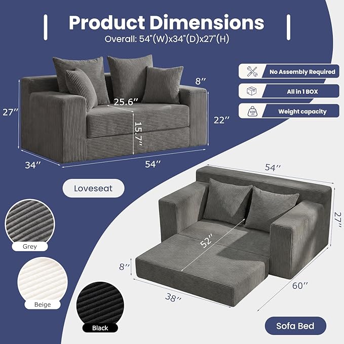 3-in-1 Convertible Sofa Bed, Boneless Loveseat Sleeper & Folding Couch Bed