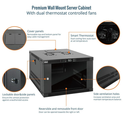Tecmojo 6U Wall Mount Rack with Thermostat, 17.7inch Depth Enclosed Server Cabinet with 2 Cooling Fans,Lockable Door & Hardware,6U Rack for 19inch Equipments,Glass Door