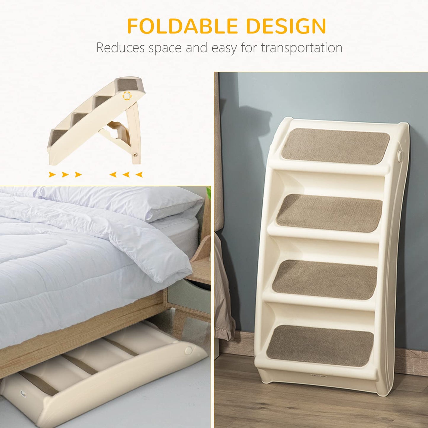 PawHut Four-Step Foldable Pet Stairs w/Non-Slip Mats, for S, XS Dogs - Beige