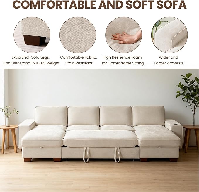 129" Convertible Sleeper Sofa Bed, L Shaped