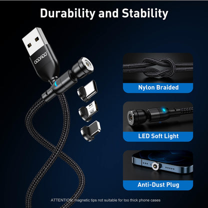 ODDADD Magnetic Charging Cable 5-Pack (1.6/3.3/3.3/6.6/6.6FT), 540° Rotating Magnetic Phone Charger Cable with LED Light for Micro USB, USB C and i-Product Device