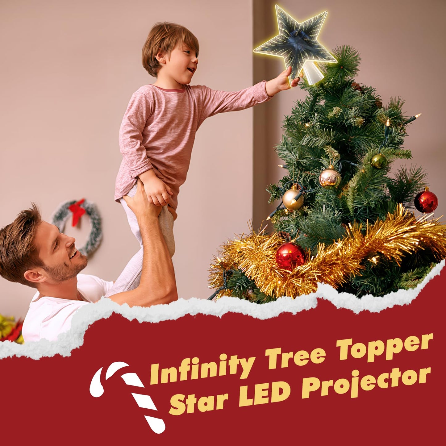 Infinity Mirror Tree Topper, Christmas Tree Topper Lighted Star with 6 Projection Modes, Dual-Side 3D Sparkling Star Treetop, UL Certified Xmas Treetop for Holiday Christmas Tree Decor (Warm White)