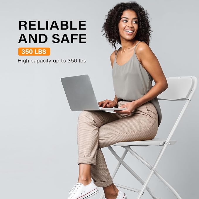 VINGLI 4 Pack White Plastic Folding Chair, Indoor Outdoor Portable Stackable Commercial Seat with Steel Frame 350lb. Capacity for Events Office Wedding Party Picnic Kitchen Dining