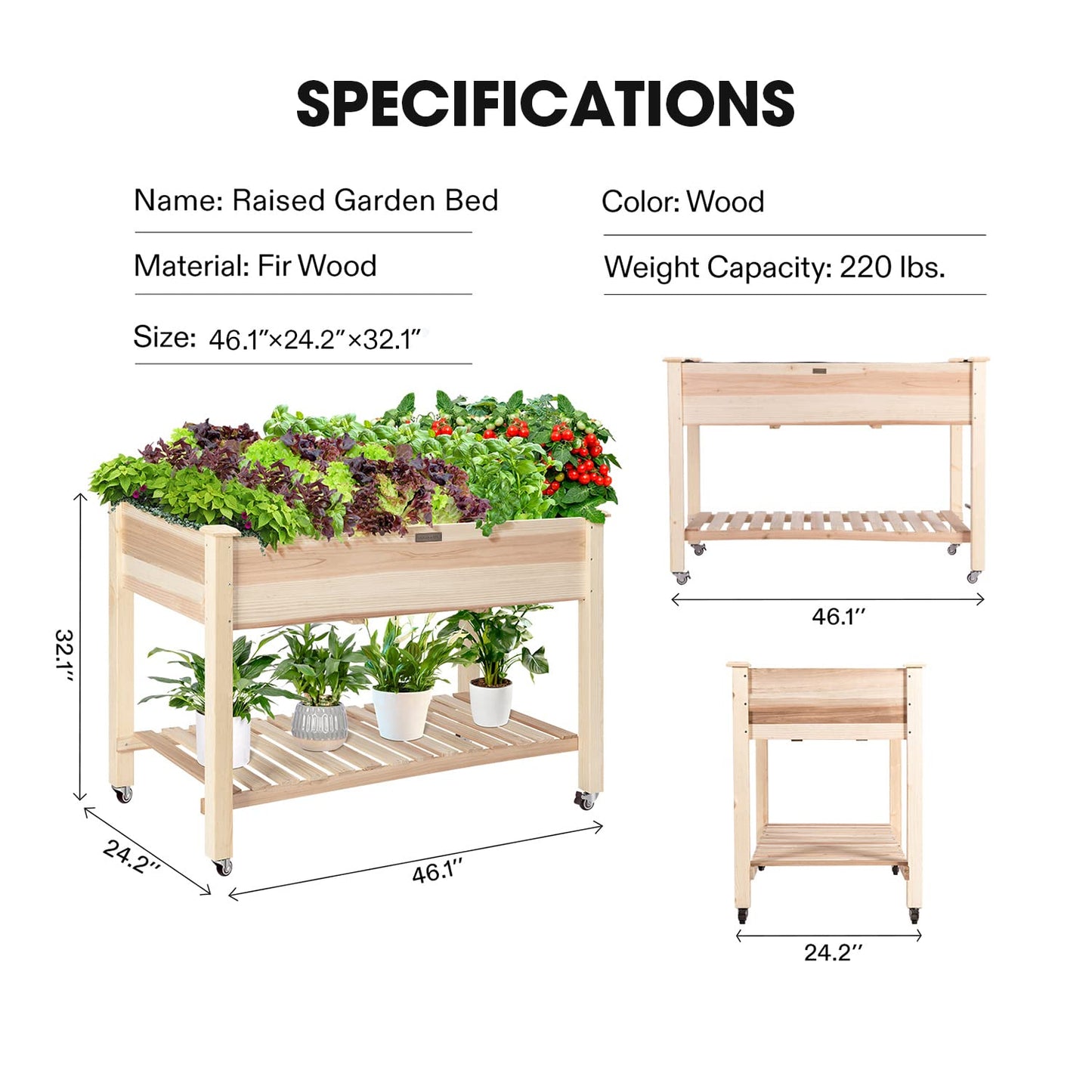 VIVOSUN Elevated Wooden Raised Garden Bed, 46 x 24 x 32 Inches, Mobile Outdoor Planter Box with Storage Shelf and Protective Liner for Outdoor Use, with Lockable Wheels