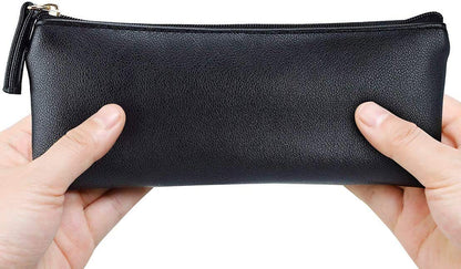 MROCO Pencil Case Black Pencil Bag PU Leather Pen Case Small Zipper Pouch for Pencils, Pens, Markers, Makeups, Change, Coins