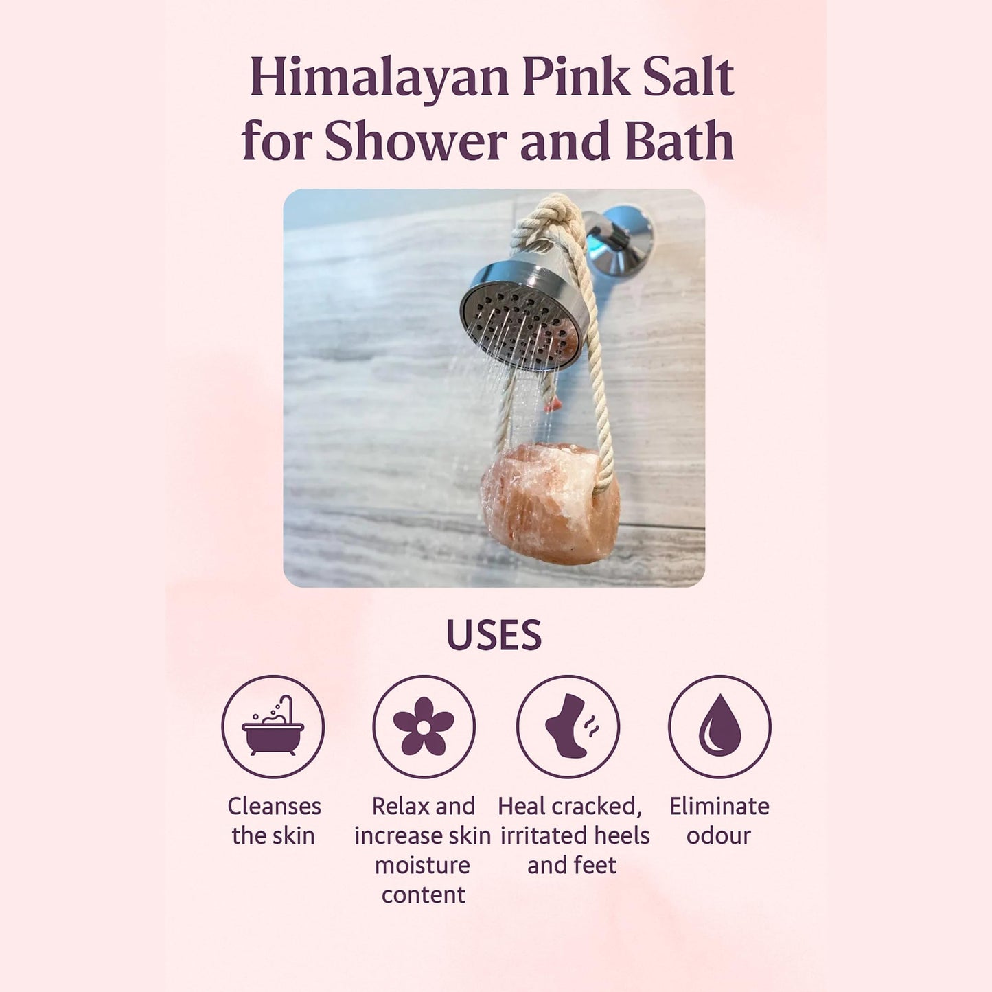Himalayan Pink Bath Salts on Rope – Natural Salt for Bath Soak and Salt for Shower Use