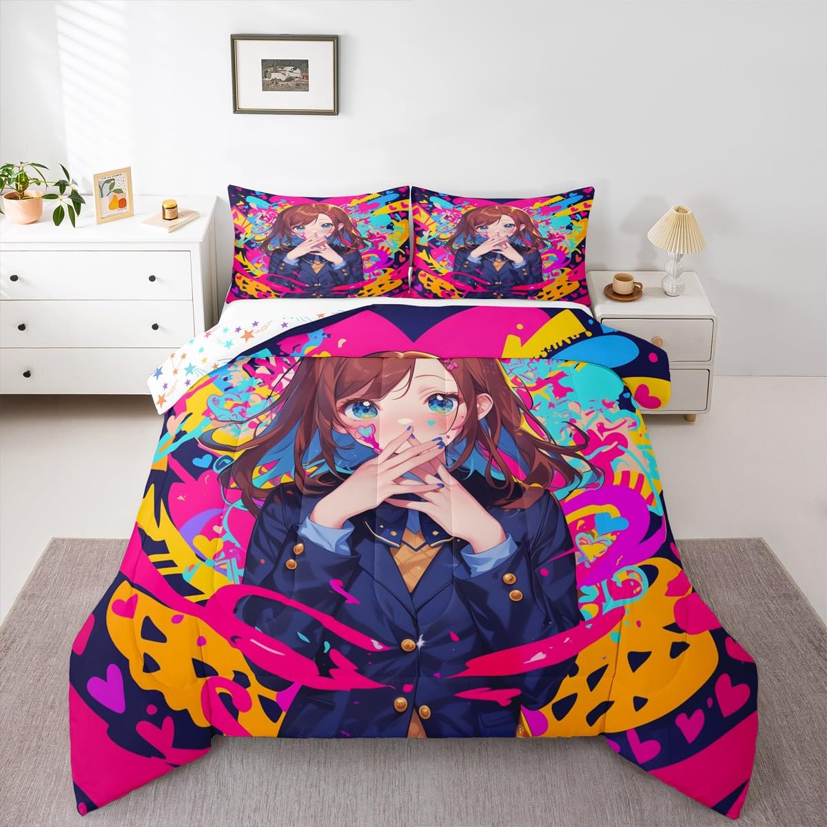 Erosebridal Anime Girl Twin Bedding Set, Japanese Anime Comforter Set 3 Piece for Kids Girls Teens Adult Bedroom Decor, Cartoon Girl Quilt Kawaii Japanese Animation Bedding Comforter Sets