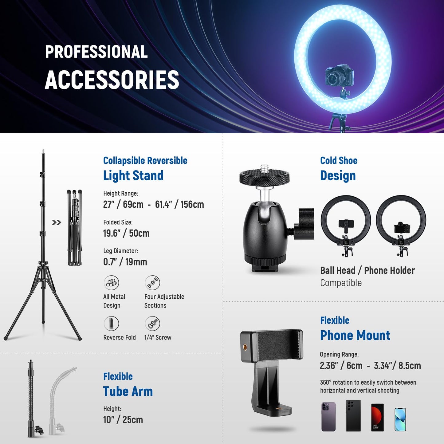 NEEWER 18 Inch RGB LED Ring Light APP Control with Tripod Stand Phone Holder Compatible with iPhone for Selfie Makeup Lash Studio Streaming Video Recording Lighting, 42W Ringlight Dimmable, RGB18 II