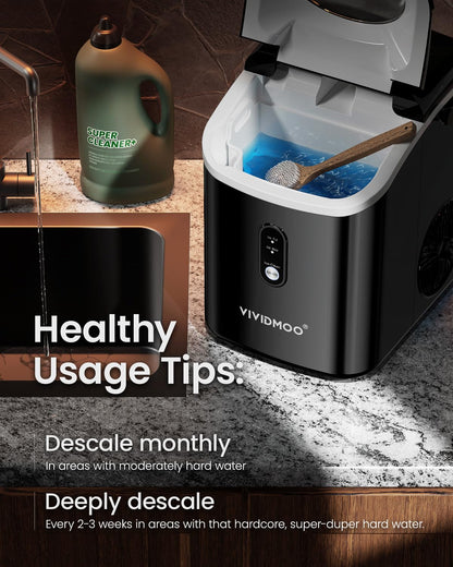 VIVIDMOO Nugget Ice Maker Countertop, 34lbs/Day, Portable Sonic Pebble Ice Maker with Self-Cleaning, Fast Ice in 6 Mins, Compact Crushed Pellet Ice Machine for Home/Office/Kitchen/RV/Camping, Black