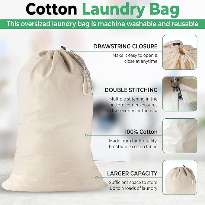 4 Pack - Extra Large Cotton Laundry Bag, Heavy Duty Large Laundry Bags 24 x 36
