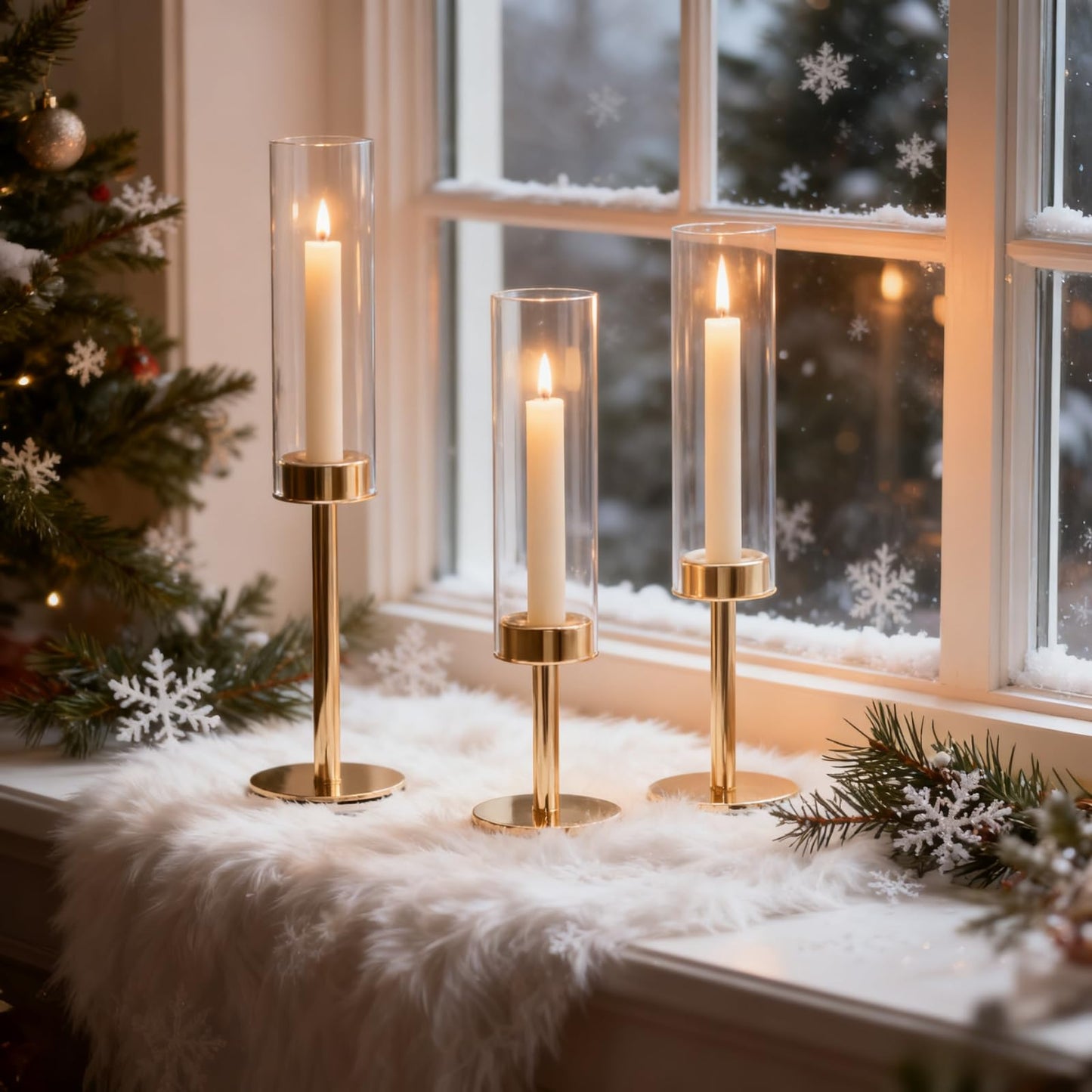 Gold Hurricane Glass Candle Holders Set of 3 Brass Taper Candlestick Holder