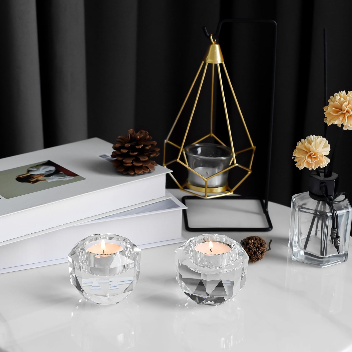Kitcom Crystal Tealight Candle Holders Pack of 2 for Party Dinner Table Home Decor Hand Cut W2.7'' X H2.3'', Comes with Gift Box