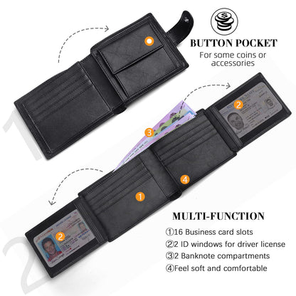 HOCRES Wallets for Men, RFID Blocking Wallet,Mens Wallet, Leather Wallet with 14 Credit Card Holders, 2 Banknote Compartments, 2 ID Window, Minimalist Mens Wallet with Gift Box, Black
