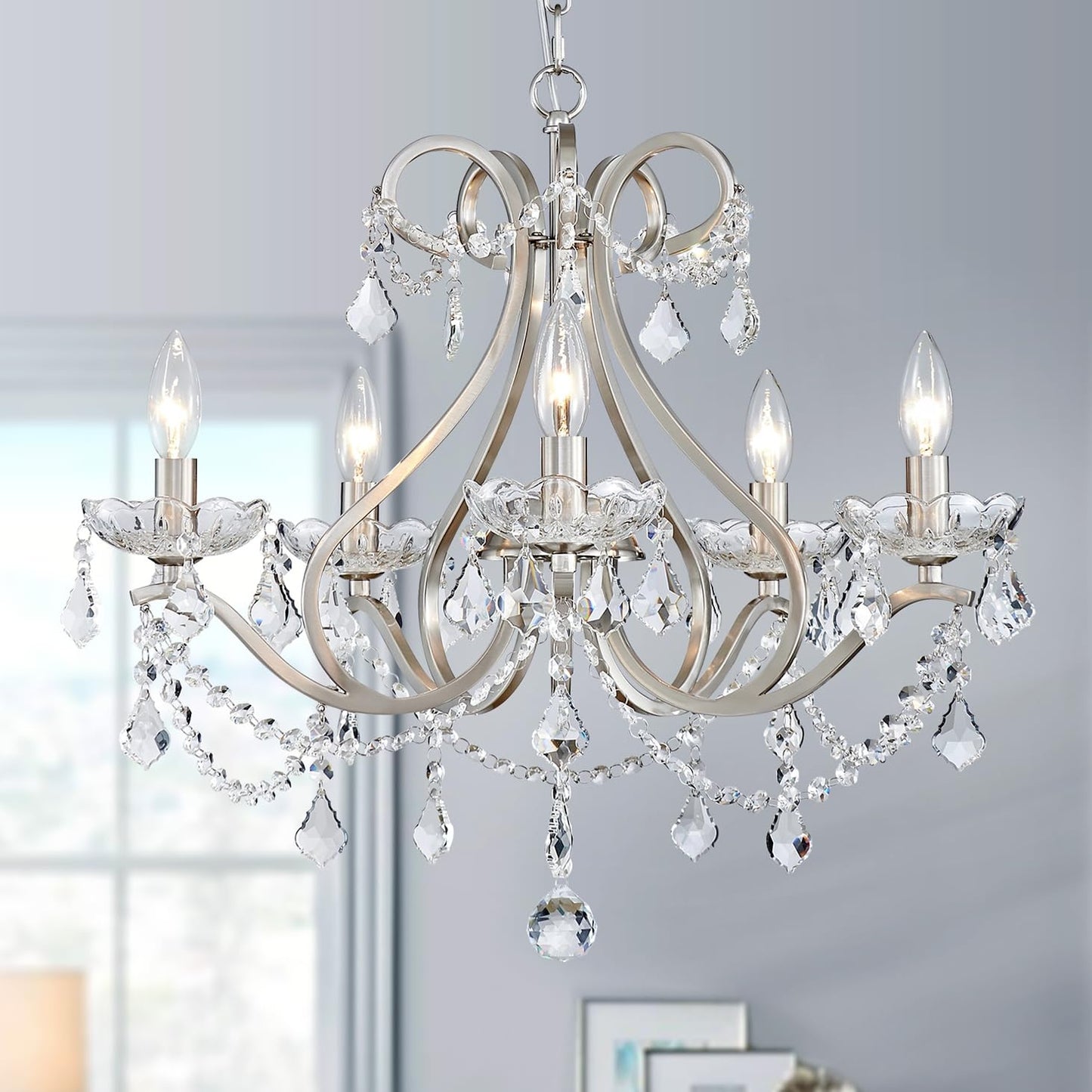 WUZUPS Crystal 5-Light Candle Chandelier Pendant Flushmount Ceiling Light Modern Lighting Fixture for Bedroom Hallway Bar Kitchen Bathroom, H 20.9" x W 21.7", Brushed Nickel, E12 Base