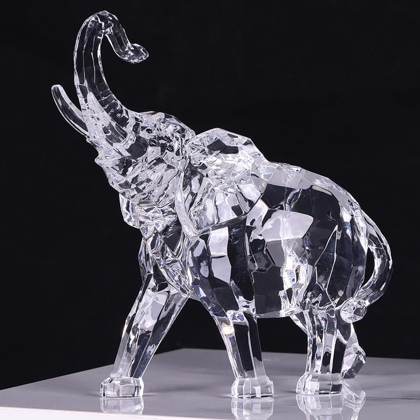 Acrylic Clear Elephant Figurines Crystal Glass Finish, High End African Statues for Home Decor, Elephant with Trunk up, Large Elephants Statue Sculpture, Lucky Gifts Office Feng Shui Elephants