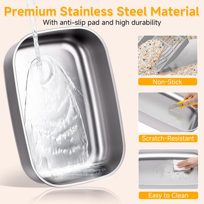 Stainless Steel Cat Litter Box with Lid, XL Extra Large Metal Litter Box for Big Cats, 180° Flip Cover Enclosed Top Entry Litter Boxs with High Sided Enclosure & Scoop, Non-Sticky, Anti-Leakage