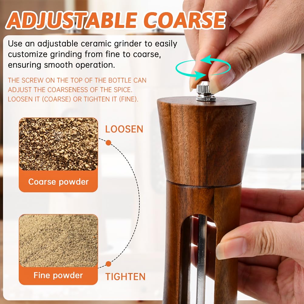 2Pack Wooden Salt and Pepper Grinder Set, 8-Inch Refillable Manual Salt and Pepper Mills with Clear View Window, Wood Shakers with Ceramic Grinder & Wooden Stand, Adjustable Coarseness