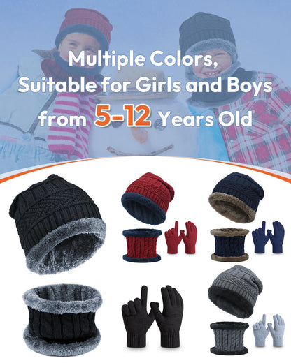 EAONE Kids Winter Hat Gloves Scarf Set, Knitted Toddler Beanie Cap, Mitten Gloves, and Neck Warmer for Boys Girls Aged 5-12