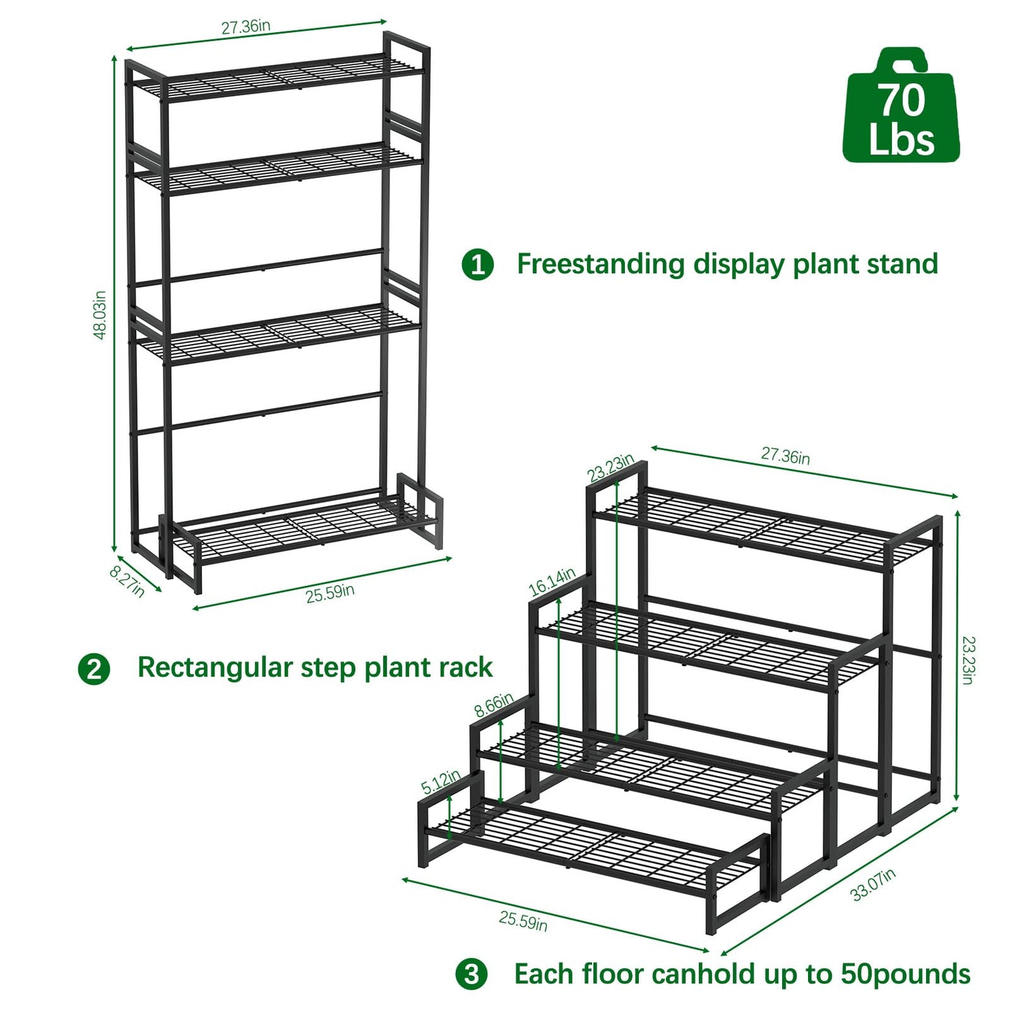 Garden 4 you 4 Tier Stair Style Large Metal Plant Stand Stackable, Garden Display Shelf Flower Pot Holder Storage Organizer Rack for Indoor Home Outdoor Patio Balcony Yard( Black,Rectangle)