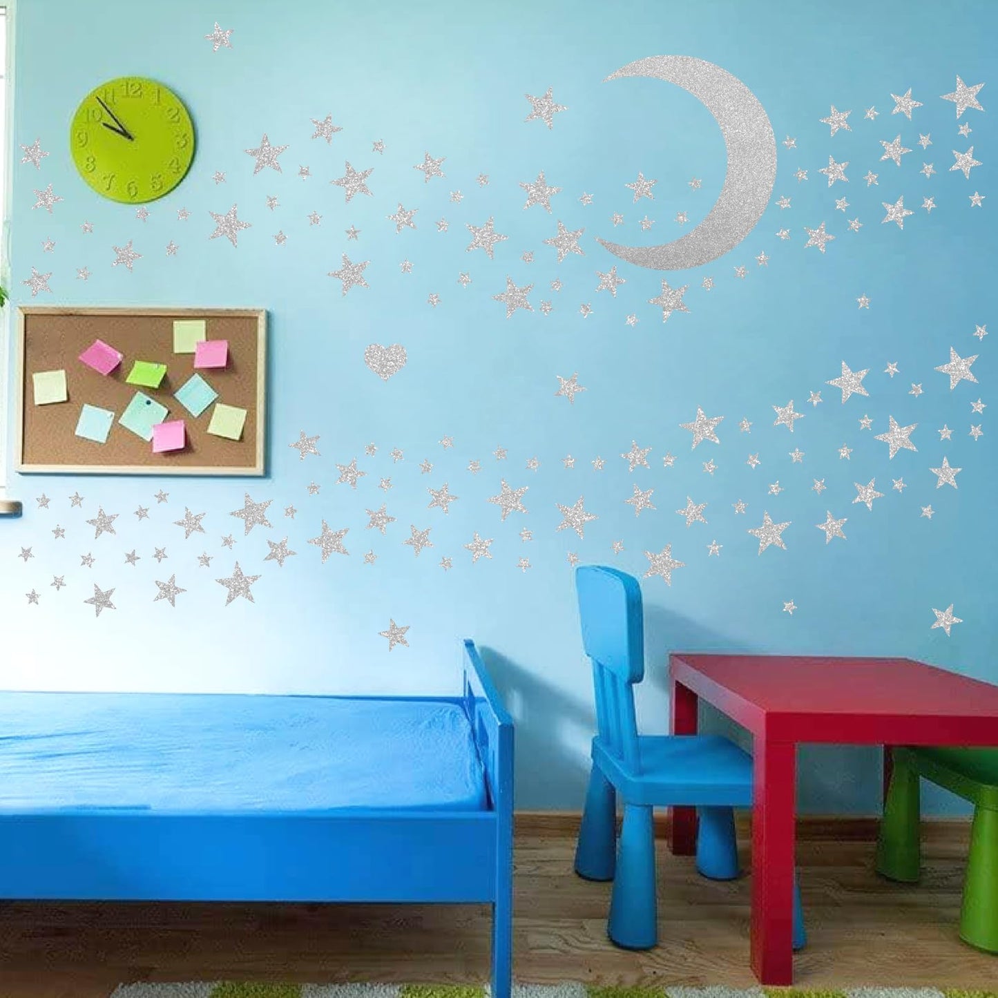 Easma Star Wall Decals (191stars+1moon+1heart) 3 Size Silver Stars and Moon Decals Removable Peel and Stick Stickers Fits Kids Room Decor