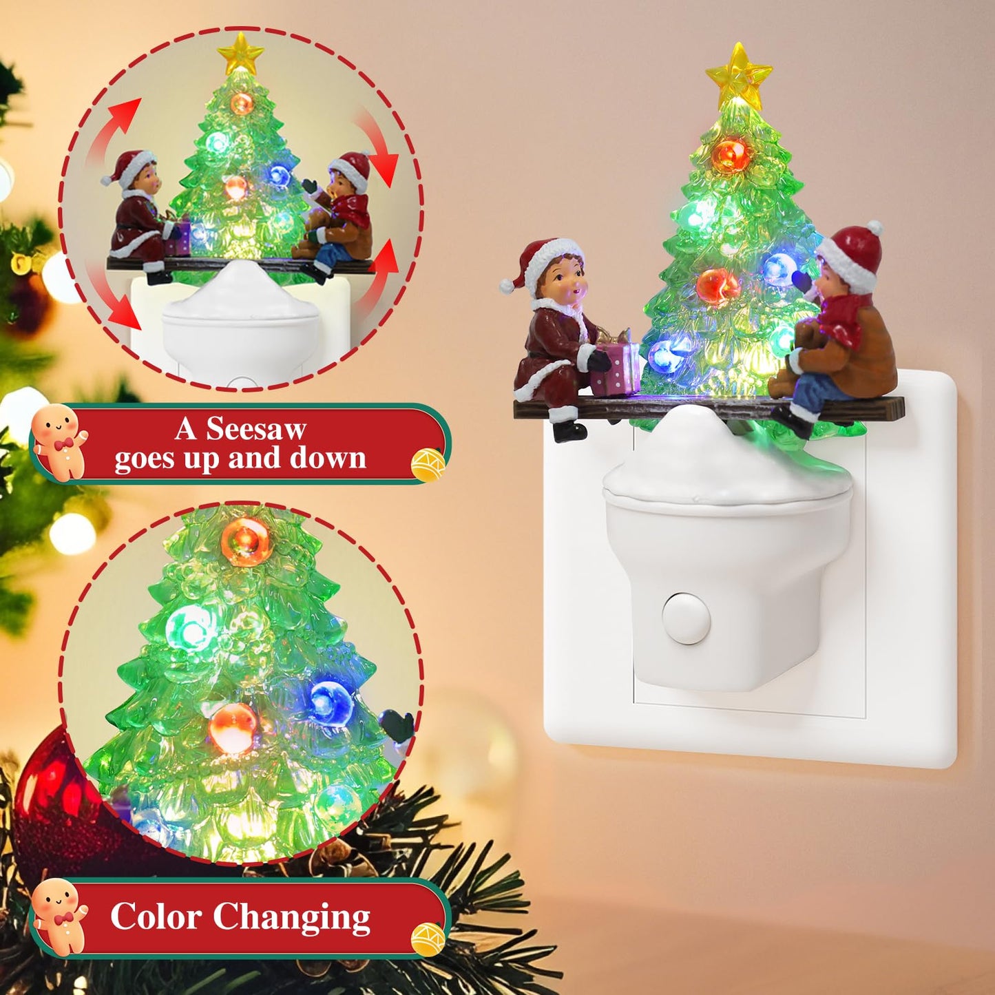 Christmas Night Lights Plug into Wall Christmas Tree Nightlights with USB/Outlet Options, Xmas Tree Night Lights Decorative for Bedroom Living Room Kitchen Nursery Holiday Decorations Gifts (Seesaw)