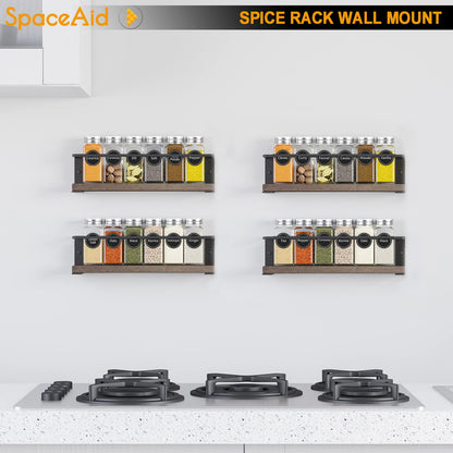 SpaceAid Spice Rack Organizer for Cabinet Door or Wall Mount (4 Pack) with 415 Spice Labels - Wood Hanging Seasoning Shelf for Cupboard Pantry or over the Stove