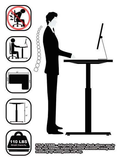 SHW 55-Inch Large Electric Height Adjustable L-Shaped Standing Desk with Right Facing Corner, Black