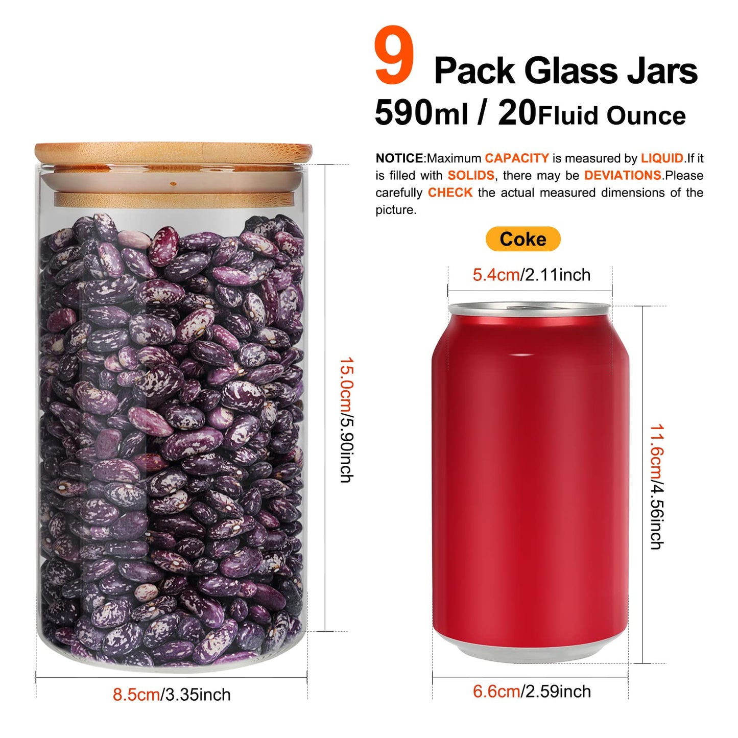 Glass Food Storage Containers Jars with Airtight Bamboo Lid 20 oz 9 pcs, 590 ml Pantry Organization Jar, Glass Terrarium with Lid, Spice, Flour and Sugar Container, Canister Set for Kitchen Counter