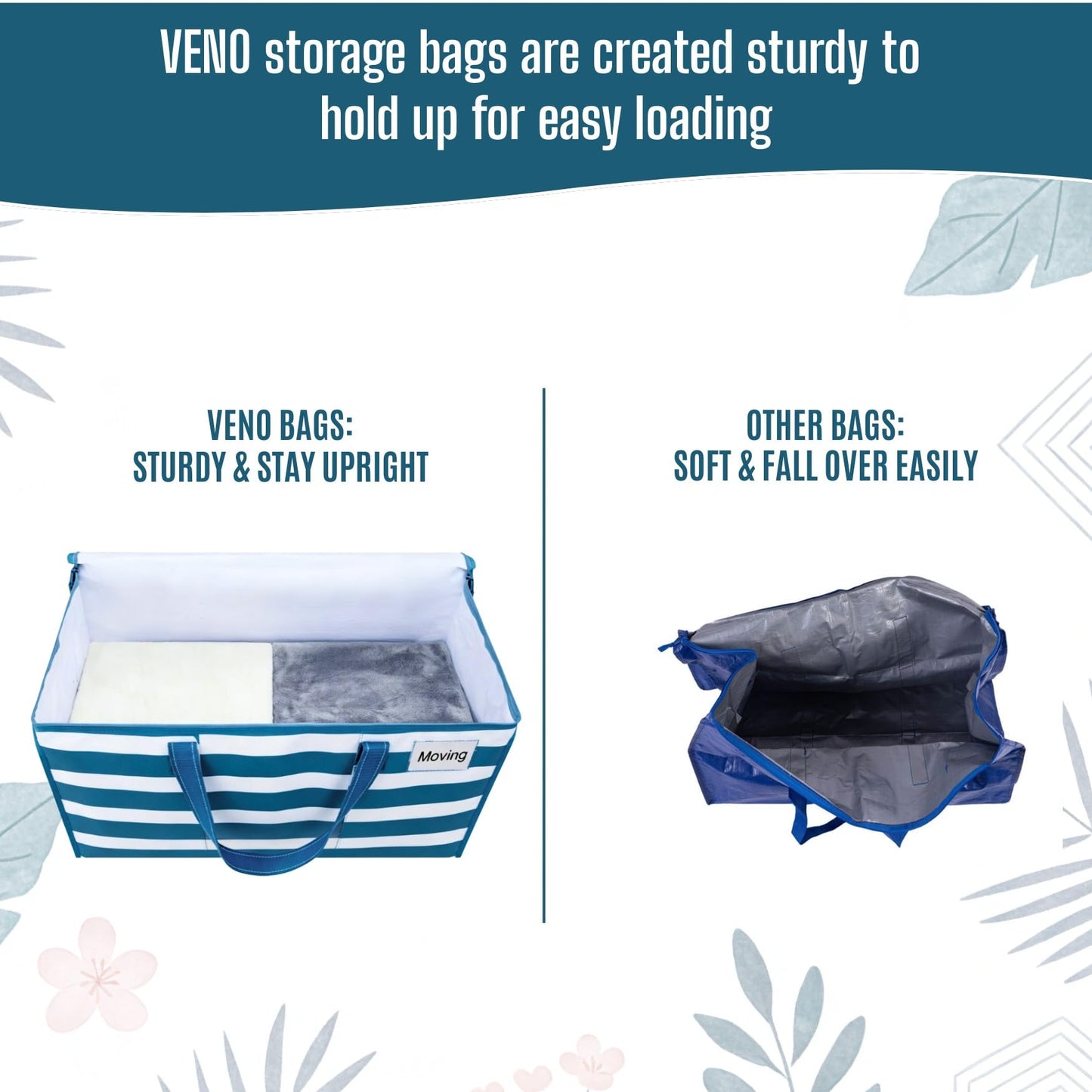 VENO 6 Pack Heavy Duty Moving Bags, Clothes and Comforter Storage Bags with Clear Window, College Dorm Essentials Packing Supplies, Foldable Boxes Alternative (Classic Navy Stripe, 6 Pack)