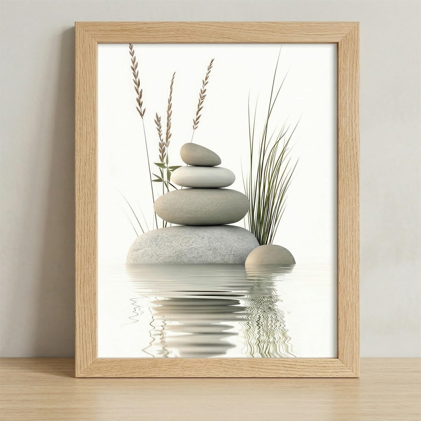 Calming Zen Stone Framed Wall Art - Serene Rock Balance with Water Reflection and Reeds, Natural Wood Frame Perfect for Bathroom, Spa, Living Roomor Meditation Decor 8''x10 Inch