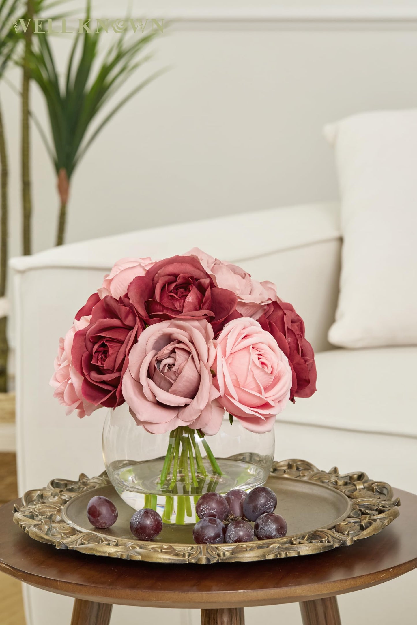 WELL KNOWN Silk Rose Artificial Flowers with Vase, Artificial Rose Flower Arrangement in Round Glass Vase with Faux Water for Home Dining Table Wedding Birthday Party Decor (Burgundy Red & Dusty Rose)