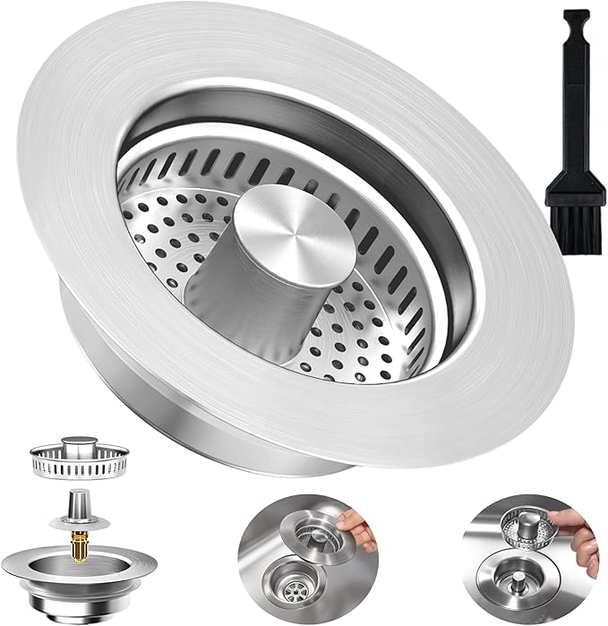 3-in-1 Kitchen Sink Drain Strainer Stopper, Upgraded Stainless Steel Sink Plug