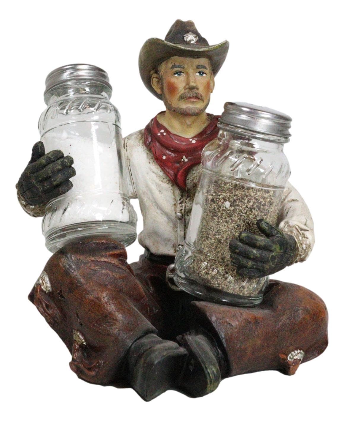 Ebros Gift Country Rustic Western Howdy Wrangler Cowboy With Chaps Sitting Crossed Legs Salt and Pepper Shakers Holder Figurine Set Farmhouse Ranch Wild West Southwestern Old World Decor