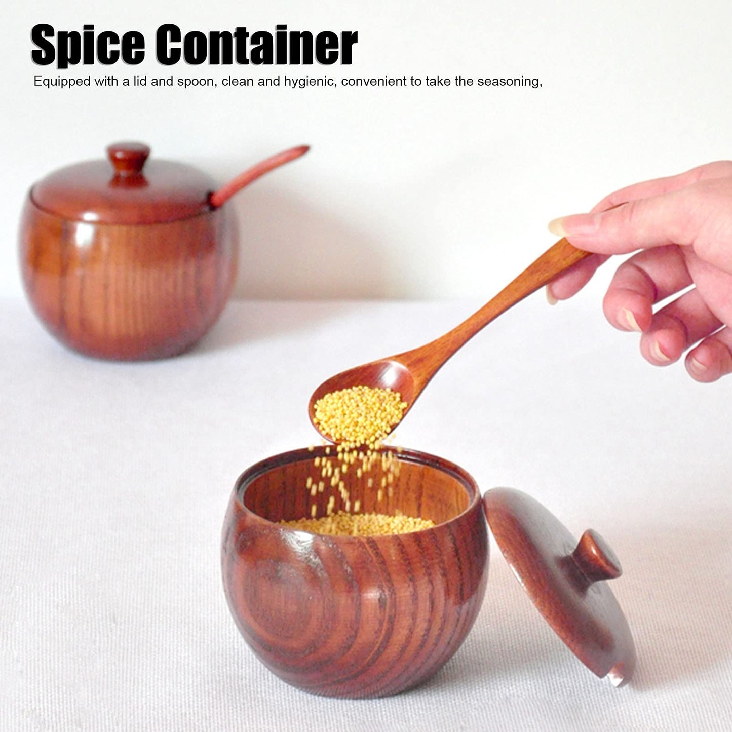 Agatige Wooden Salt Box with Lid Spoon, Vintage Salt Container Shaker Seasoning Container Cooking Utensil Sugar Holder for Kitchen, Serving, Condiment, 3.3x3.5in