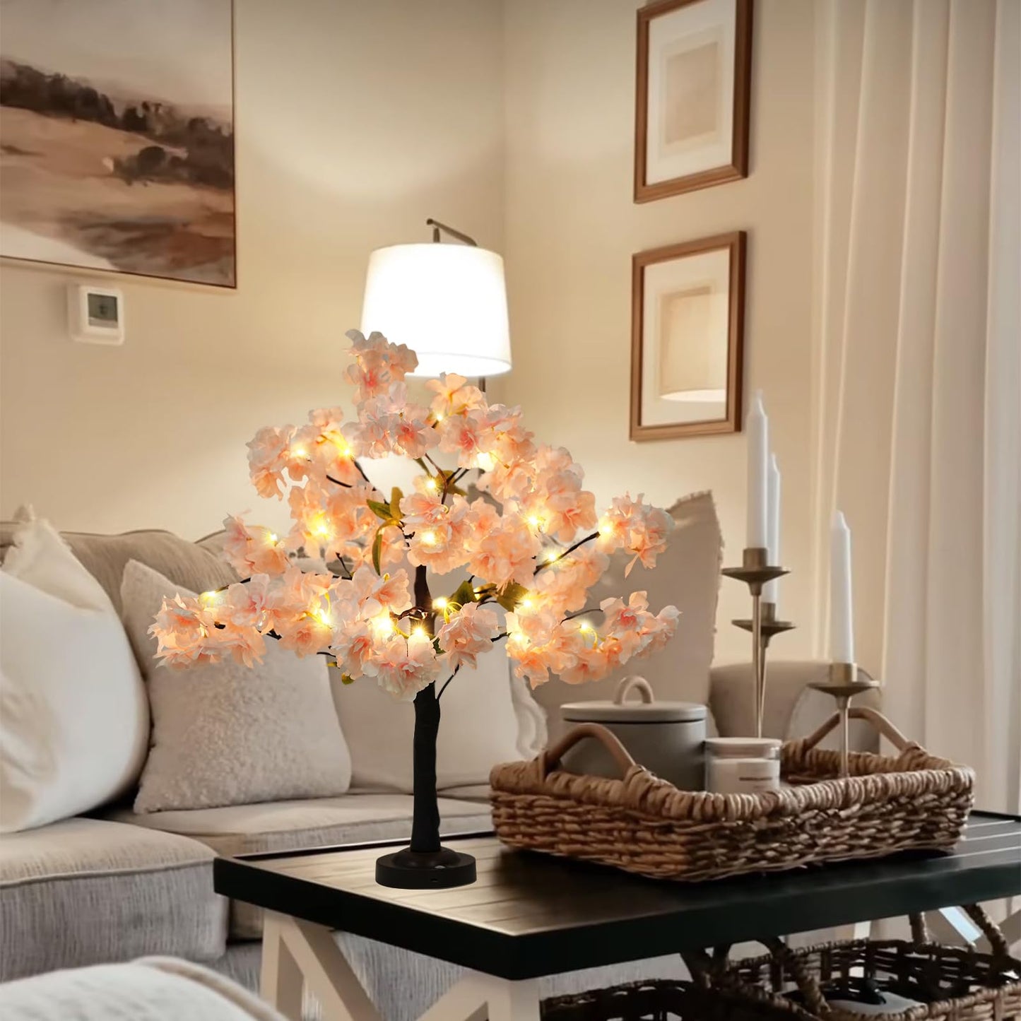 VirtuGro 24IN Cherry Blossom Tree Light, 36 LED Lights Tabletop Tree with Timer Pink Flower Tree Lamp with USB Plug or Battery Operated for Home Wedding Party Indoor Decoration
