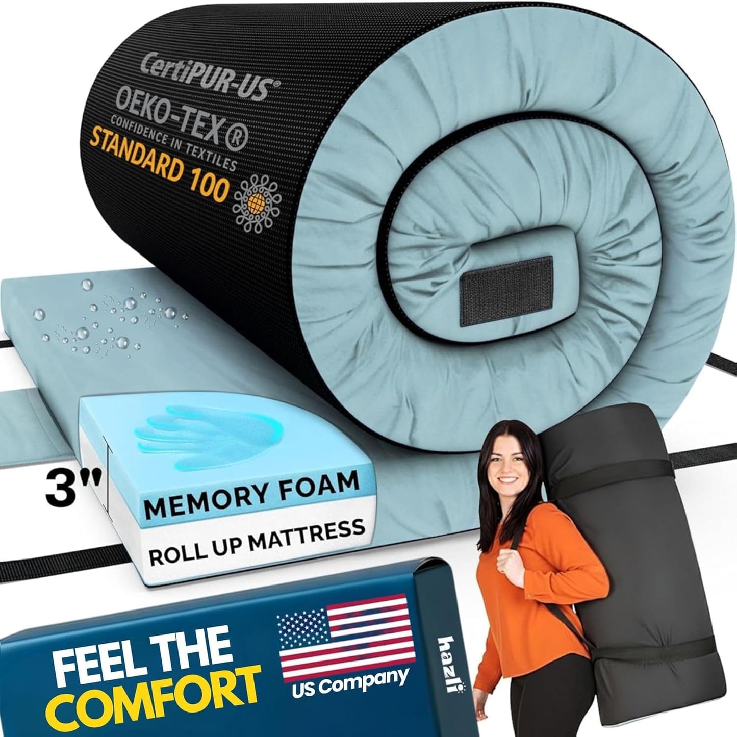 Hazli 3" Matrix AirCell Memory Foam Camping Mattress Pad - Roll Up Mattress for Adults - Portable Cot Sleeping Pad for Camping -Floor Mat or Bed Roll for Car, SUV - Single 75" x 30"