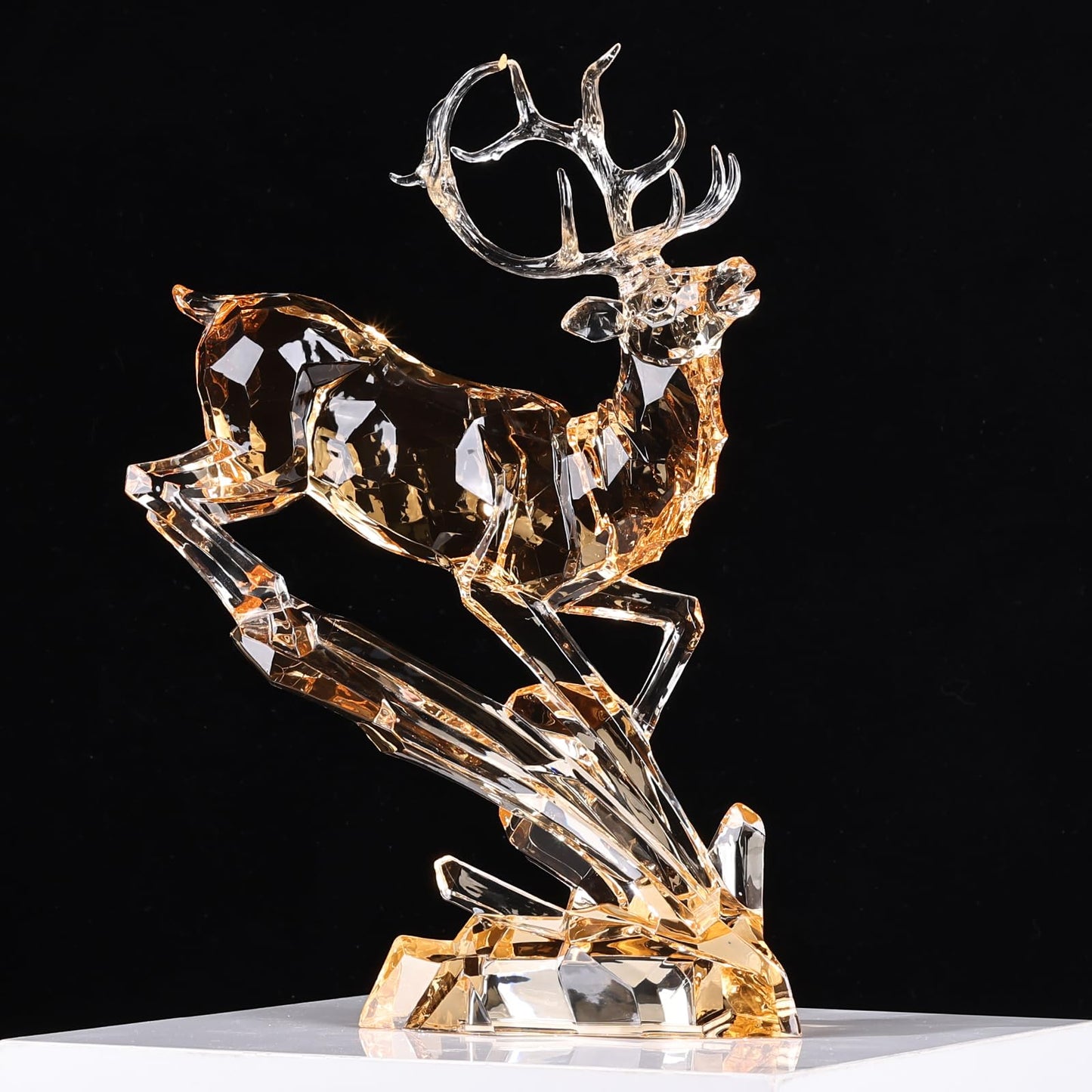 LCCCK Gold Clear Acrylic Large Deer Figurine, 11.8" Tall Reindeer Christmas Decoration, High End Deer Statue with Glass-Like Crystal Finish, for Christmas Indoor Table Top or Gift -with LED Light