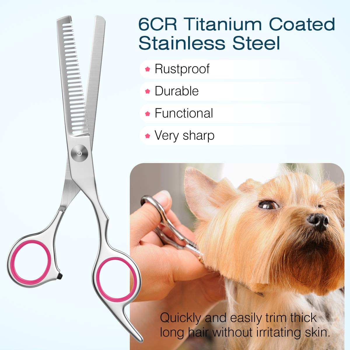 Pawaboo Dog Grooming Scissors Set, 5 Pieces Professional Dog Salon Scissors, Combing Fur Scissors with Round Safety Tip for Pets, Dogs, Cats, Thinning Scissors, Hair Care, Grooming Cutting - Pink